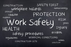 Work safety and security in workplace concept as word cloud